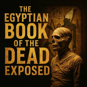 Cinematic poster of a wrapped Egyptian mummy beside hieroglyphs with the title “The Egyptian Book of the Dead Exposed” in bold gold lettering.