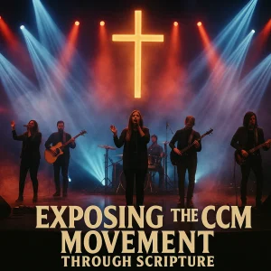 Worship band performing under dramatic lights with a glowing cross overhead, representing the theme of exposing the CCM movement through Scripture.