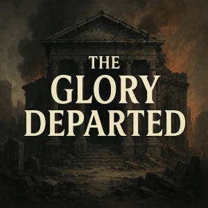 A ruined ancient temple in smoke and darkness, symbolizing spiritual corruption and the departure of God’s glory when truth is abandoned.