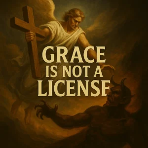 A cinematic poster illustrating the spiritual battle between grace and sin, featuring dramatic lighting with the title “Grace Is Not a License.”