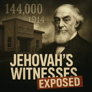 Cinematic poster showing a Kingdom Hall, Charles Taze Russell, 144,000 and 1914 imagery with the title “Jehovah’s Witnesses Exposed.”