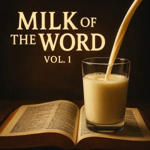 Cinematic poster showing a glass of milk on an open Bible with the title Milk of the Word Vol 1 in dramatic lighting.