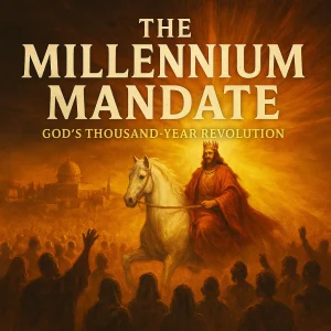 Cinematic poster showing Christ’s golden Kingdom light rising over Jerusalem with the title The Millennium Mandate.