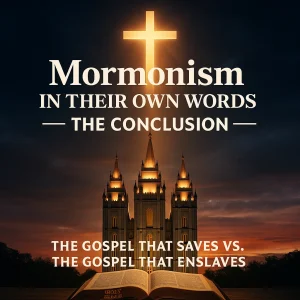 Square poster showing a glowing cross over the Salt Lake Temple with the title “Mormonism in Their Own Words – The Conclusion.”