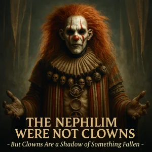 Sinister clown figure with red hair and ritual symbols representing how modern clown imagery echoes fallen Nephilim distortion and last-days deception.