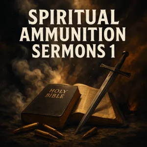 Square cinematic cover showing an open Bible glowing like a weapon with ammunition surrounding it, symbolizing spiritual warfare sermons.