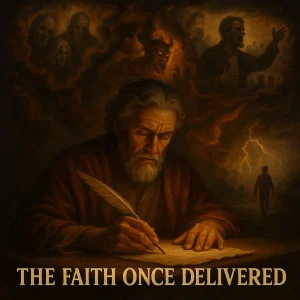 Cinematic painting of Jude writing while witnessing visions of apostasy, false teachers, and end-time warnings surrounding him.