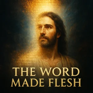 A cinematic image of Christ emerging from divine light with the title The Word Made Flesh, symbolizing God becoming human in eternal incarnation.