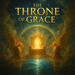 Golden throne glowing with heavenly light above a sea of glass, surrounded by clouds, celestial light, and a rainbow of emerald glory.