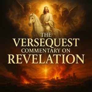 Cinematic gold and black cover image for the VerseQuest Commentary on Revelation, featuring dramatic light, clouds, and bold title typography.