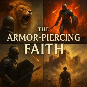 Square cinematic collage showing spiritual warfare imagery with glowing armor and the title “The Armor-Piercing Faith” representing powerful biblical faith.
