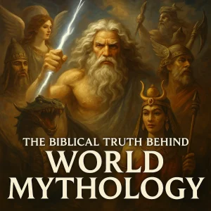 A cinematic collage of mythological gods and ancient symbols representing the series “The Biblical Truth Behind World Mythology.”