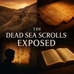 Square cinematic collage titled “The Dead Sea Scrolls Exposed,” featuring ancient scrolls, desert caves, Scripture, and light symbolizing biblical preservation.