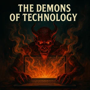 A cinematic illustration of demonic forces emerging from digital technology, symbolizing spiritual warfare in the modern technological age.