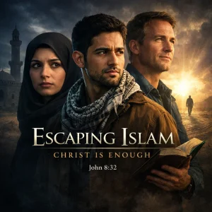 Men and woman at a crossroads leaving Islam, discovering freedom and truth in Jesus Christ, symbolizing escape from works-based religion.