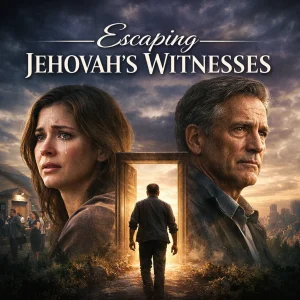 Escaping Jehovah’s Witnesses series poster showing individuals stepping from darkness into light, symbolizing freedom from Watchtower control through Christ