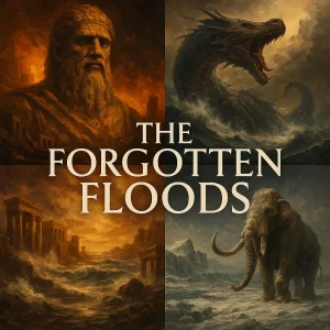 Cinematic collage portraying ancient floods, giants, sea beasts, and pre-Adamic destruction under the firmament for The Forgotten Floods series.
