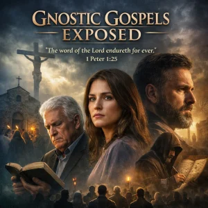 Cinematic poster for the Gnostic Gospels Exposed series showing biblical truth confronting hidden knowledge through Scripture