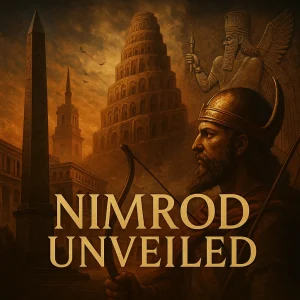 Illustration of Nimrod with the Tower of Babel, obelisk, and ancient Babylonian imagery for the Nimrod Unveiled series.