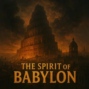 A cinematic poster showing ancient Babylon’s burning skyline with towering structures and the title “The Spirit of Babylon” displayed in bold lettering.