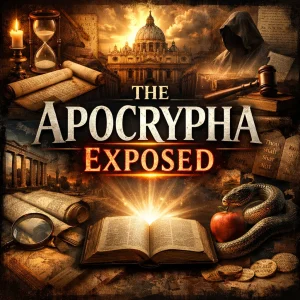 Cinematic collage titled The Apocrypha Exposed showing ancient scrolls, Scripture, judgment imagery, and biblical light revealing truth