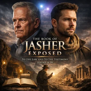 Cinematic artwork for The Book of Jasher Exposed series testing extra-biblical texts against Scripture using Isaiah 8:20 as the standard.