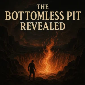 A figure stands before a fiery abyss in a dark rocky landscape, symbolizing the biblical Bottomless Pit and the underworld revealed in Scripture.