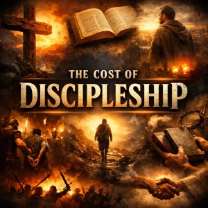 Square cinematic collage titled “The Cost of Discipleship” depicting cross-bearing, endurance, obedience, and faithful following of Jesus Christ.