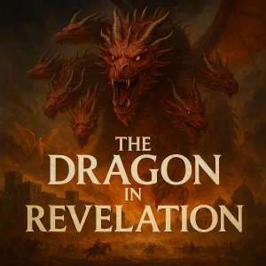 Fiery cinematic poster featuring a red dragon rising from smoke with the title “The Dragon in Revelation” in bold golden lettering.