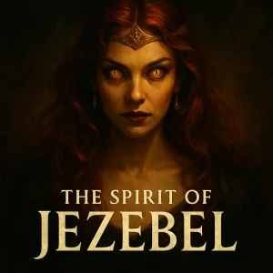 A serpent-eyed Jezebel figure in fiery cinematic lighting, symbolizing spiritual seduction, deception, and warfare in the Jezebel spirit series.