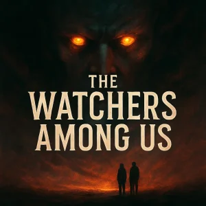 Cinematic poster showing shadowy watcher figures over a glowing city with the title “The Watchers Among Us.”