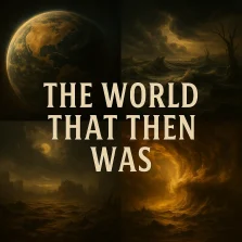Cinematic depiction of the pre-Adamic world under judgment, darkness over the deep as the Spirit of God moves above the waters in Genesis 1.
