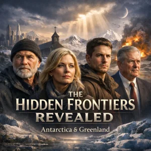 Movie-style poster showing four figures against icy mountains with title “Hidden Frontiers Revealed,” referencing Antarctica and Greenland geopolitics.