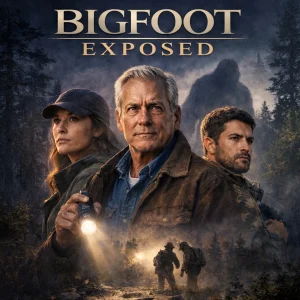 Cinematic poster for “Bigfoot Exposed” featuring investigators in the wilderness with a shadowy Bigfoot figure in the background.