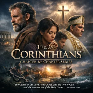 Photorealistic cinematic Christian Bible study poster featuring Corinthian believers and the Apostle Paul with the title 1–2 Corinthians Chapter-by-Chapter Series.