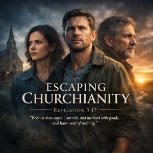 Movie-poster style image showing believers facing forward under dramatic sky for the Escaping Churchianity series.