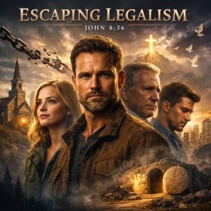 Poster for Escaping Legalism series showing believers facing conflict and finding gospel freedom through Christ and grace.