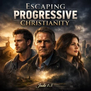 Cinematic poster showing three serious figures with a church and city backdrop, titled “Escaping Progressive Christianity,” Jude 1:3 displayed below.