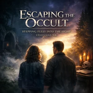 Escaping the Occult series image showing a person stepping from darkness into light, symbolizing freedom from occult deception through biblical truth.
