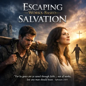 Cinematic poster of believers walking into freedom with the title “Escaping Works-Based Salvation” in dramatic, photorealistic lighting.