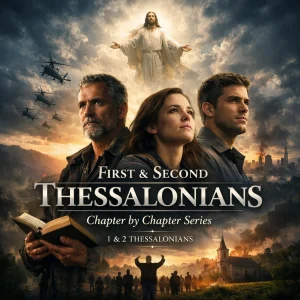 Cinematic poster depicting First and Second Thessalonians Bible study with realistic human subjects, dramatic lighting, and the series title.