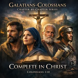 Photorealistic cinematic poster of Galatians–Colossians Bible study series featuring believers, dramatic lighting, and “Complete in Christ” title typography.