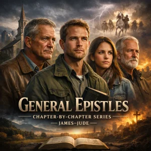 Cinematic poster for the General Epistles Chapter-by-Chapter Bible series covering James through Jude with themes of faith, endurance, and truth.