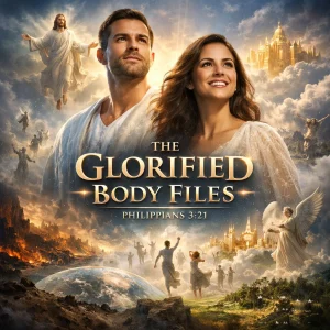 Poster depicting glorified believers with Christ in glory, titled “The Glorified Body Files” with Scripture reference from Philippians 3:21.