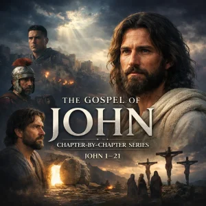 Cinematic photorealistic image of Jesus teaching disciples, representing the John Chapter-by-Chapter Bible commentary series.