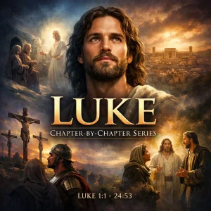 Photorealistic cinematic poster for the Luke Chapter-by-Chapter Series featuring Jesus with natural lighting and the series title displayed.