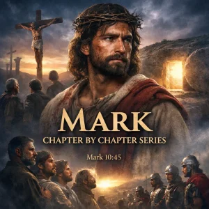 Cinematic poster of Jesus Christ with disciples promoting the Mark chapter-by-chapter Bible commentary series.