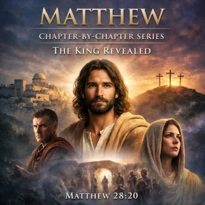 Cinematic portrait of Jesus with disciples under dramatic lighting, blue and neutral tones, promoting Matthew chapter-by-chapter Bible commentary.