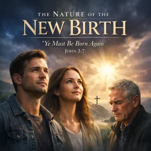 Cinematic photorealistic poster for “The Nature of the New Birth” series featuring contemplative believers with balanced natural lighting and John 3:3.