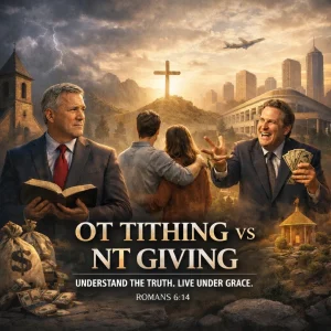 Movie-style poster showing OT Tithing vs NT Giving with pastor, family, money, and cross imagery illustrating law vs grace in Christian giving.